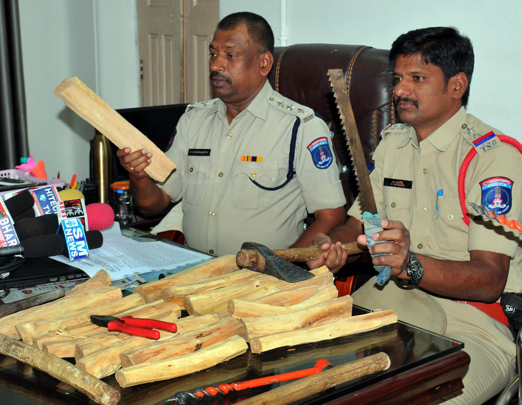 Sandalwood, Police, Gang, Theft, Tight Security in Hyderabad, Rajendranagar police Nabbed a Gang of thieves who committed theft of Sandalwood trees in the government institutions of Rajendranagar limited in Hyderabad on Friday. Pic:Style Photo service.