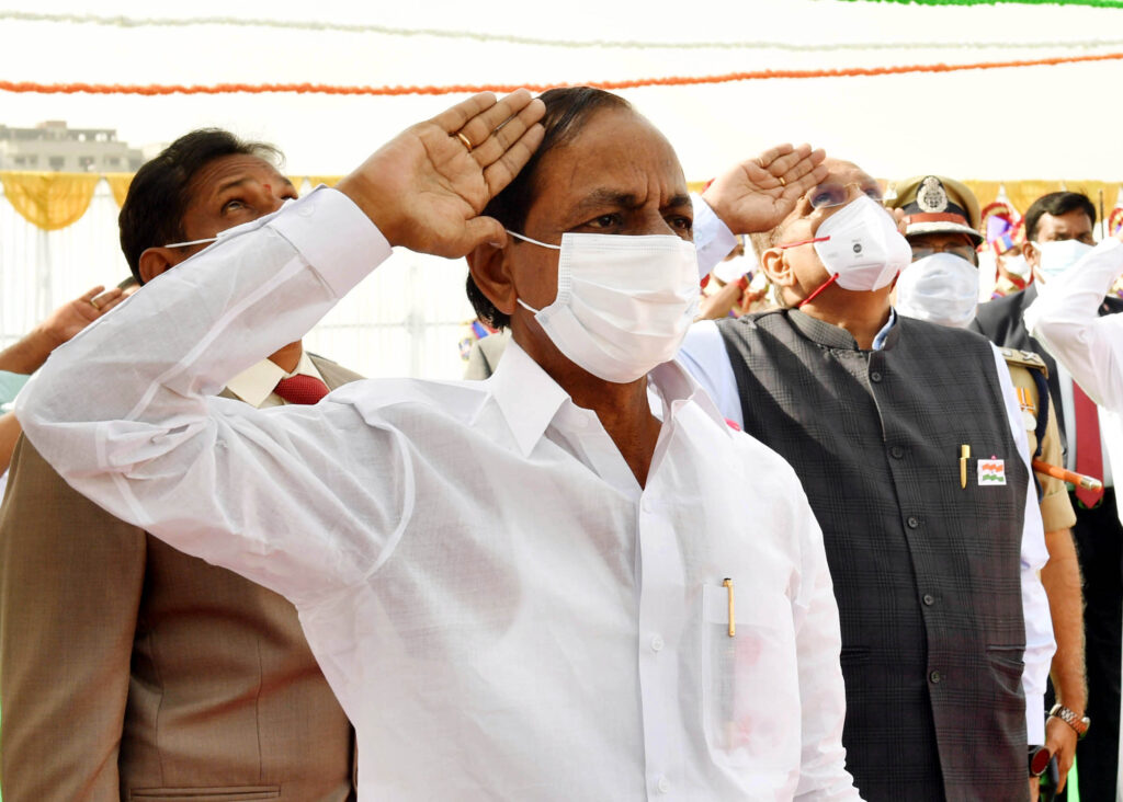 KCR wears white mask on Republic Day flag hoisting in Telangana State