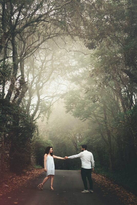 man and woman standing on road near trees, Asked True Lovers, Keep Distance, Villain 